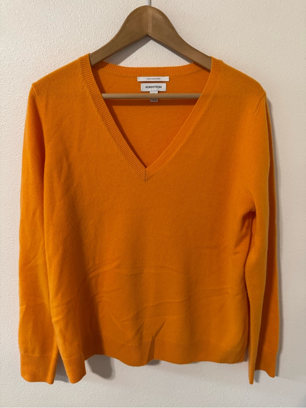 Nordstrom 100% Cashmere V Neck Pullover Sweater Pumpkin Orange Autumn-Large